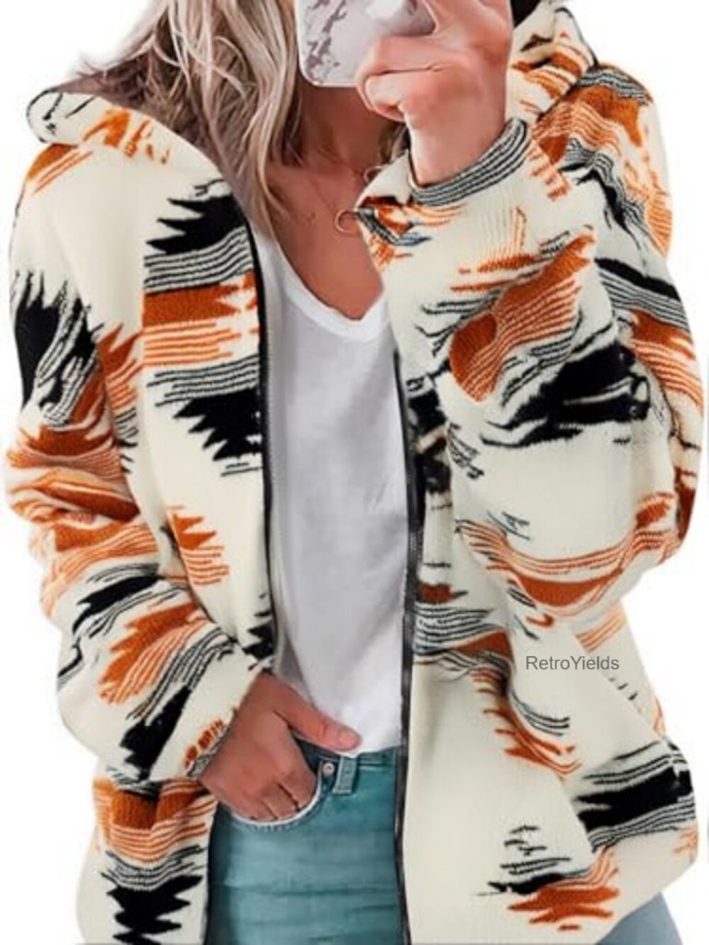 Womens Western Aztec Print Zip Up Sherpa Fleece Hoodie Sweatshirt